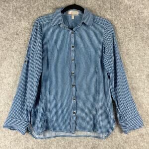 Tina Stephens Top Womens Small Blue Geometric Patterned Button Up Roll Tab Rayon